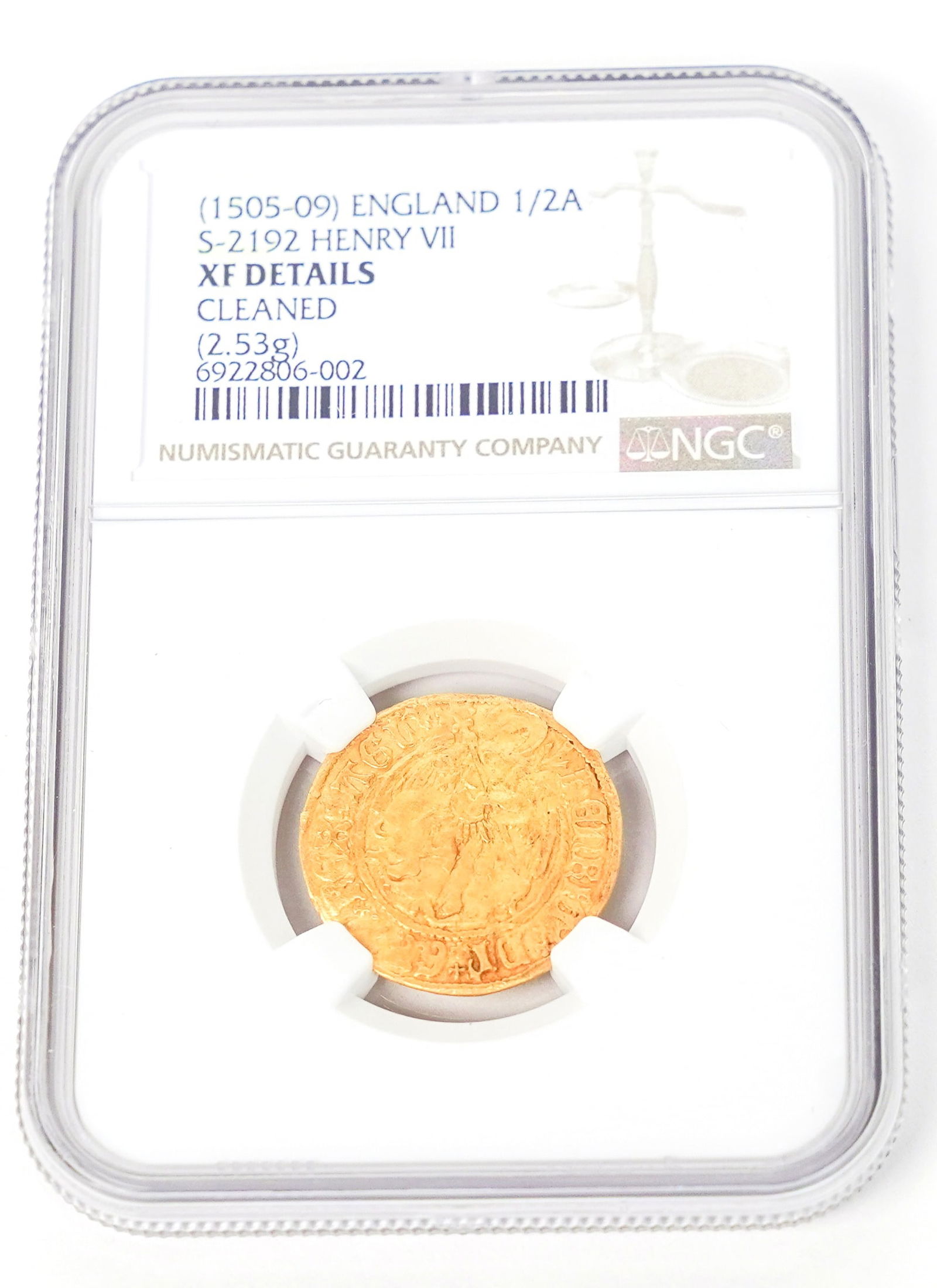 Graded King Henry VII (1505-1509) Gold 1/2 Angel Coin England 1/2A S-2192: Graded King Henry VII (1505-1509) Gold 1/2 Angel Coin from England (1/2A S-2192). Numismatic Guaranty Company: 81852850 (Serial Number). NGC Graded: XF Details. Cleaned. (2.53G or 0.005577695 lbs.). A