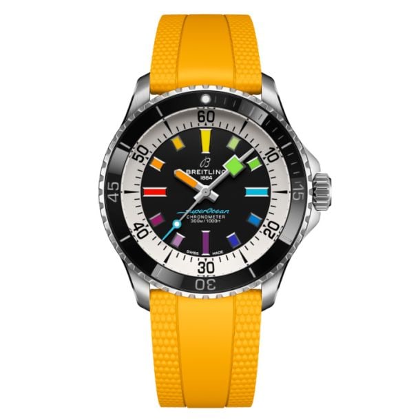 Breitling Superocean Automatic 42 Black Rainbow Dial Yellow Rubber Strap Watch 42mm - A17375211B2S4: Breitling Superocean Automatic 42 Black Rainbow Dial Yellow Rubber Strap Watch 42mm - A17375211B2S4. Specifications: Diameter: 42 mm; Watch Band Color: Yellow; Watch Styles: Casual, Sport; Watch Type: