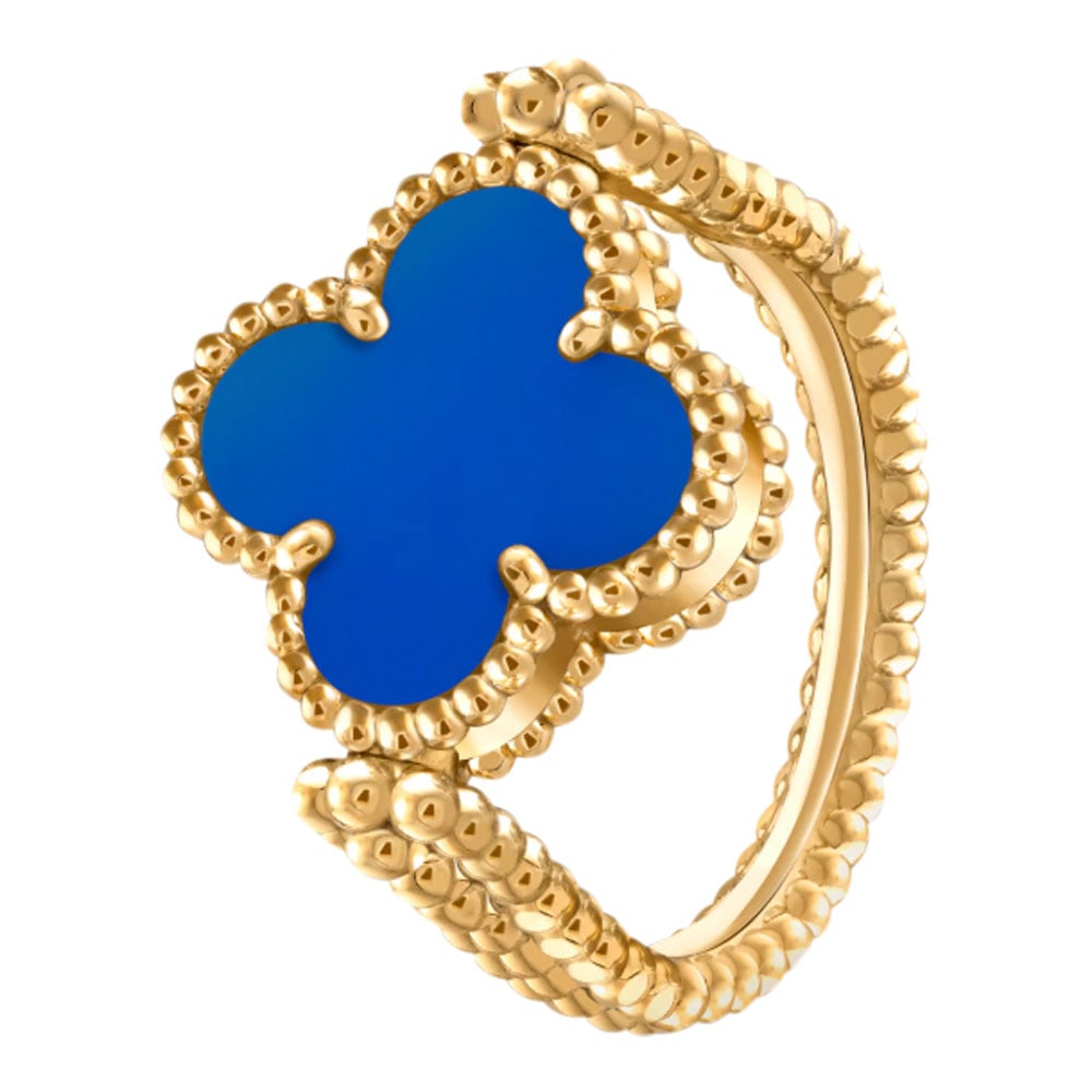 Original Authentic Van Cleef & Arpels VCA Reversable Ring with Original Box and COA: Vintage Alhambra reversible ring, guilloch? 18k yellow gold, blue agate, diamond; diamond quality DEF, IF to VVS. Agate: 1 Stone, Diamond: 1 stone, 0.04 Carat Weight. As each stone is unique, its colo