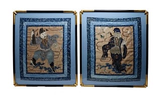 Antique Pair (2) Beautifully Framed Late Qing Dynasty Chinese Silk Embroidery Textile Panels (photo (1 of 10)