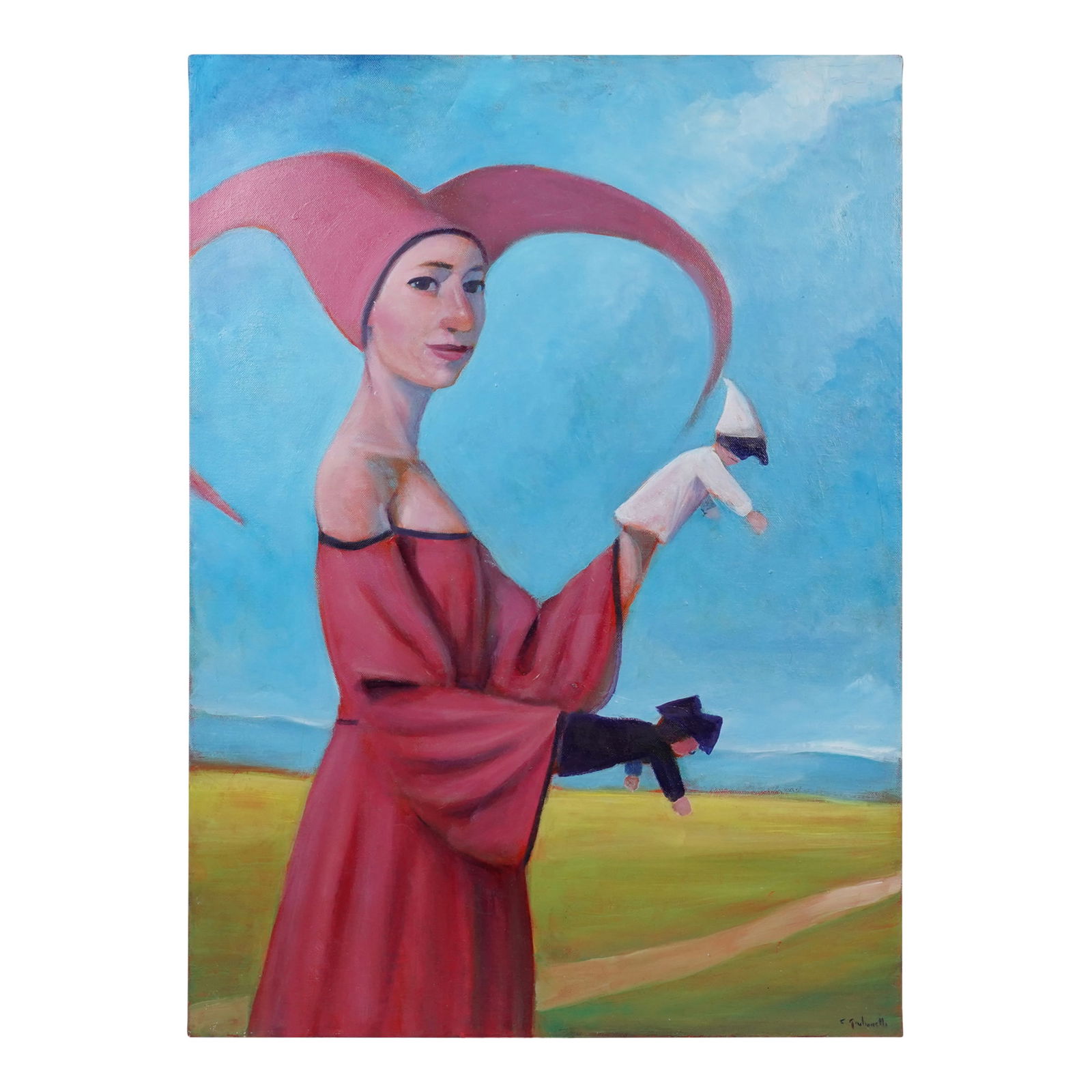 Claudio Giulianelli Original Oil on Canvas The Pulcinella's Fly: The Symbolic Art of Claudio Giulianellli Entitled the Pulcinella's Fly with COA. Unframed on Stretched Canvas. Claudio Giulianelli was born in Rome on September 23rd, 1956. He attended a college of ch