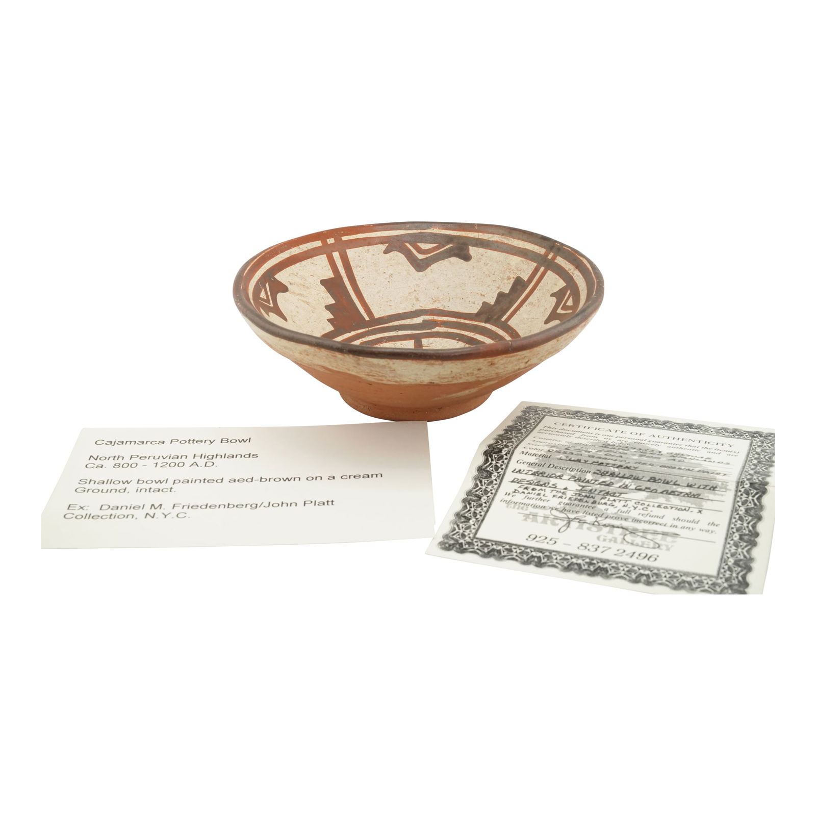 Cajamarca Pottery Bowl North Peruvian Highlands Ca. 800 - 1200 A.D.: Chupicuaro Culture Bowl West Mexico, CA. 500 - 100 B.C. State of Guanajuato. Large pottery bowl having exterior band of geometric design. Painted red and cream. Some mineral deposits, otherwise excell