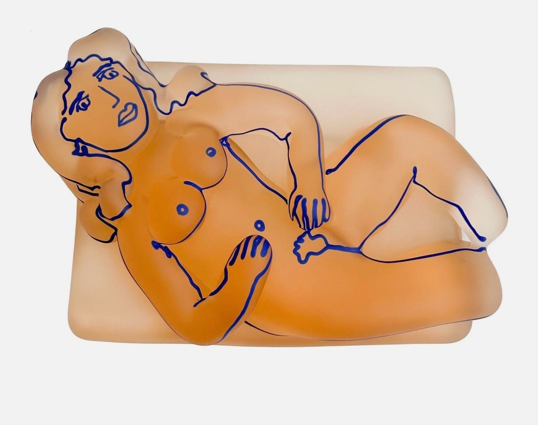 Richard Jolley Reclining Nude in Relief Art Glass Sculpture Signed 1988: Authentic Signed 1988 Richard Jolley Reclining Nude in Relief Art Glass Sculpture. Peach Glass Plaque Depicting a Reclining Nude in Relief with Blue Accents. Verso: Wall Hanging Mounts. Signed R Jolle