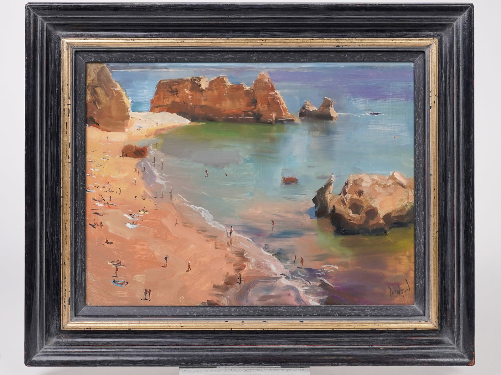 Rob Pointon ROI Praia Dona Ana, Algarve Framed Oil on Board: Rob Pointon ROI Praia Dona Ana, Algarve Framed Oil on Board. Signed. COA on Verso. Praia Dona Ana is one of the most famous beaches in the Algarve region, Portugal. With a large sandy area and stunnin