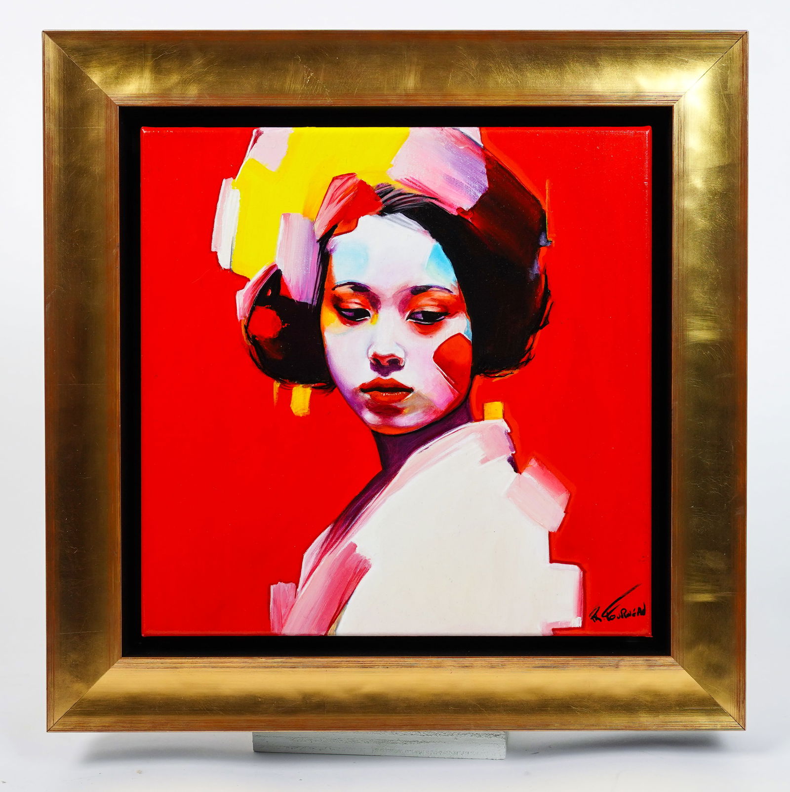 Raphaël Fournier Geisha Chiyeko Portrait Dramatic Palette Knife Framed Oil on Canvas: Tableau De Raphaël Fournier “Chiyoko”. A Beautiful Geisha Portrait Dramatic Palette Knife Oil on Framed Canvas. Signed on the lower right corner. Dimensions: Canvas 12 in. x 12in. Framed 16 i