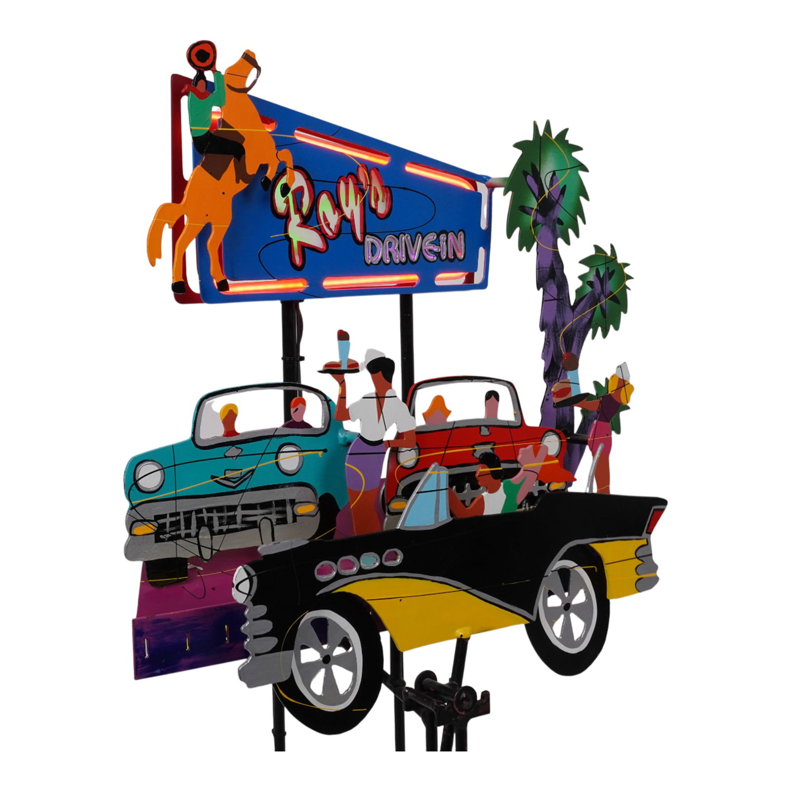 Ray's Drive-In Palm Springs Neon Lit Kinetic Metal Pop ART Sculpture Frederick Prescott 1996: Ray’s Drive-In Palm Springs Neon Lit Kinetic Metal Pop ART Sculpture Frederick Prescott 1996. Painted Metal Sculpture Construction, 1996, signed Prescott 96 and dated lower right. Prescott is known