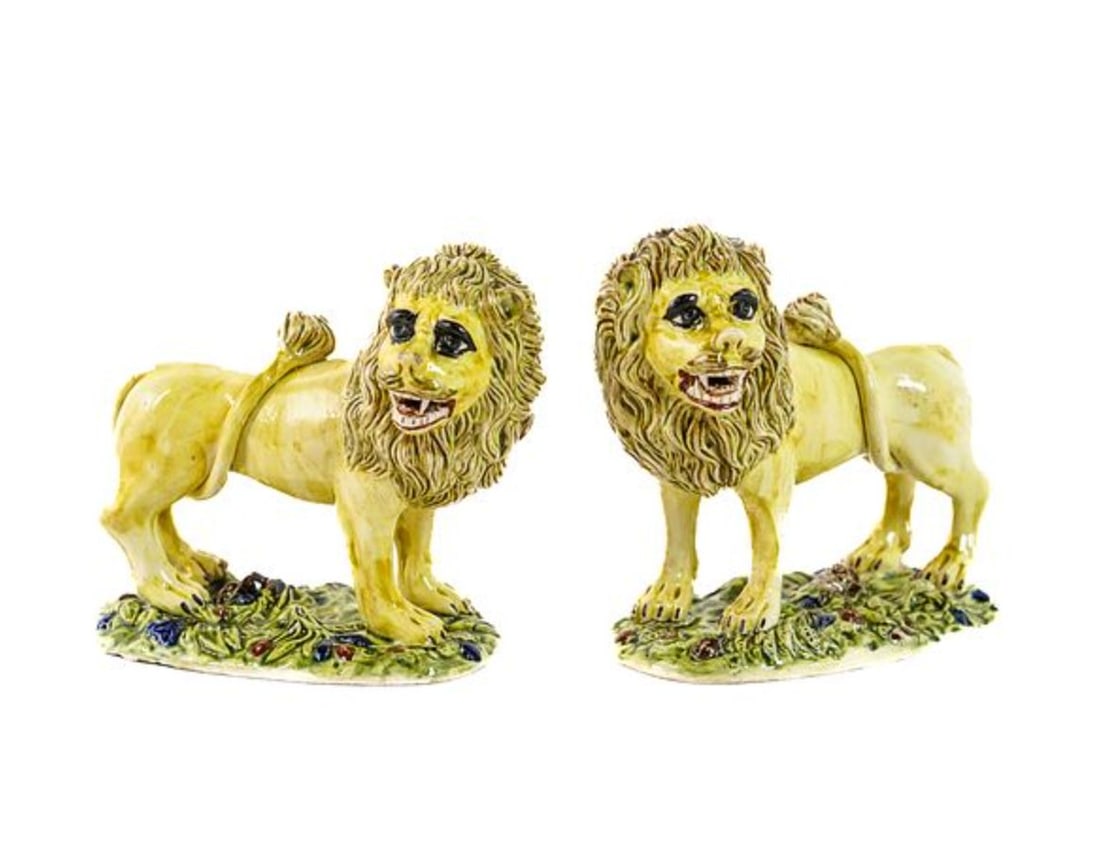 Pair (2) of Mid-19th Century Matched English Ceramic Lions: Pair (2) of Early Matched English Ceramic Lions. Condition: No repairs, cracks, damage or re-glazing. Unsigned Circa 1860s (Mid-19th Century). In the style of Staffordshire. Provenance: Paris, France