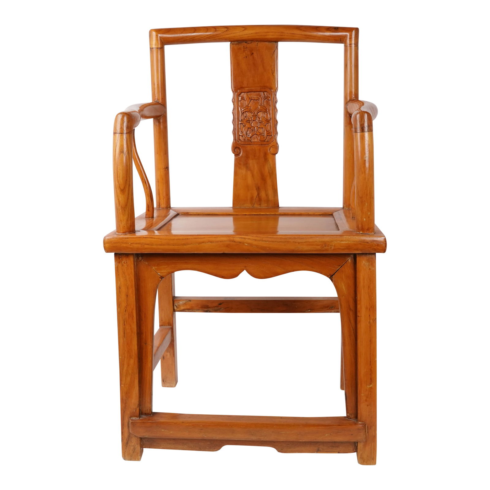 Chinese Qing Dynasty Lacquered Elmwood Armchair: Chinese Qing Dynasty Lacquered Elmwood Armchair. Dimensions: H: 38 in. (Floor to Back of chair); H: 30.5 in (Floor to Arm); Seat: 10.5 in. X 15.5 in.; W: 22 in. x 17.5 in. Total Depth. Condition: Unsi
