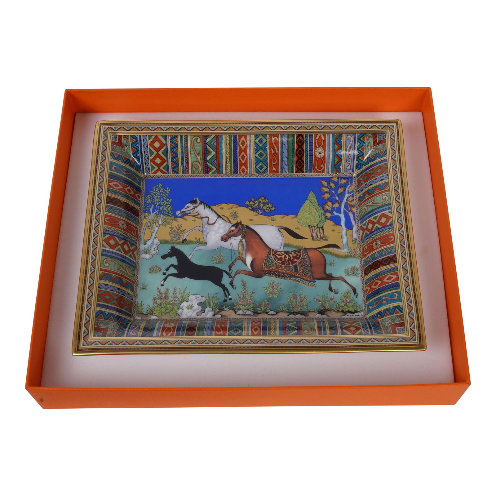 Hermes Horse Equestrienne Valet Tray or with Original Box: Authentic Hermes Horse Equestrienne Cheval d'Orient Valet Tray with Original Box. Founded in Paris in 1837 by Thierry Herm?s, the house began as a prestigious harness and saddle workshop, catering to