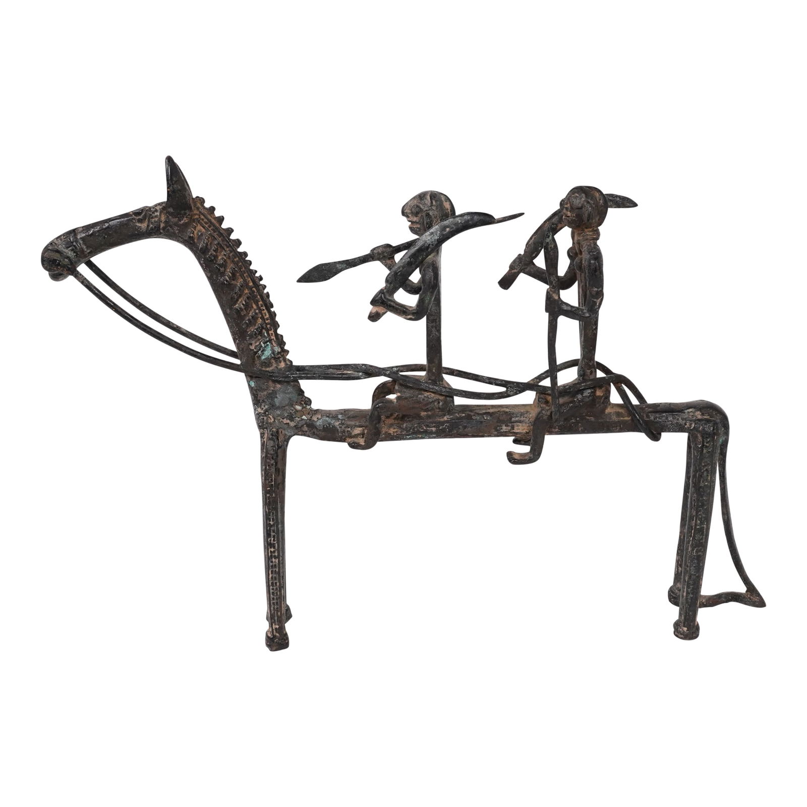 Antique Cast Bronze Sculptural Ashanti African Tribal Figures on Horse: Antique Cast Bronze Sculptural Ashanti African Tribal Figures on Horse. This is a vintage African bronze or brass sculpture depicting warriors on horseback. The sculpture features elongated, abstract