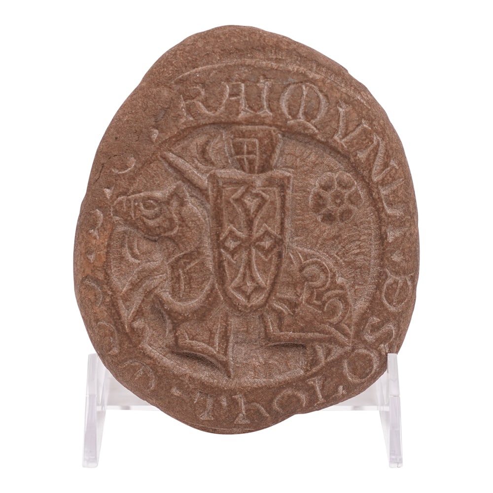 Medieval Bas Relief In Carved Stone: Medieval Bas Relief In Carved Stone honoring the Counts of Toulouse (Tholos) and which could also be a commemorative coat of arms. Almost circular, it represents, in its center, a knight on horseback