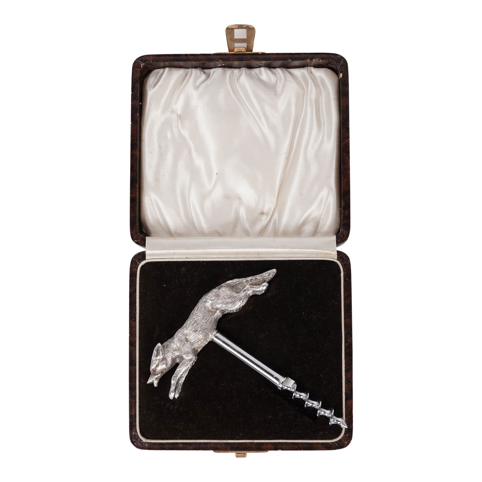 London Sterling Silver Hallmarked Running Fox Corkscrew with Ruby Eyes Wine Bottle Opener with: Sterling Silver Running Fox Corkscrew with Ruby Eyes Wine London Silver Vaults Bottle Opener with Original Box. This rare and desirable silver corkscrew has a solid Sterling Silver Running Fox handle