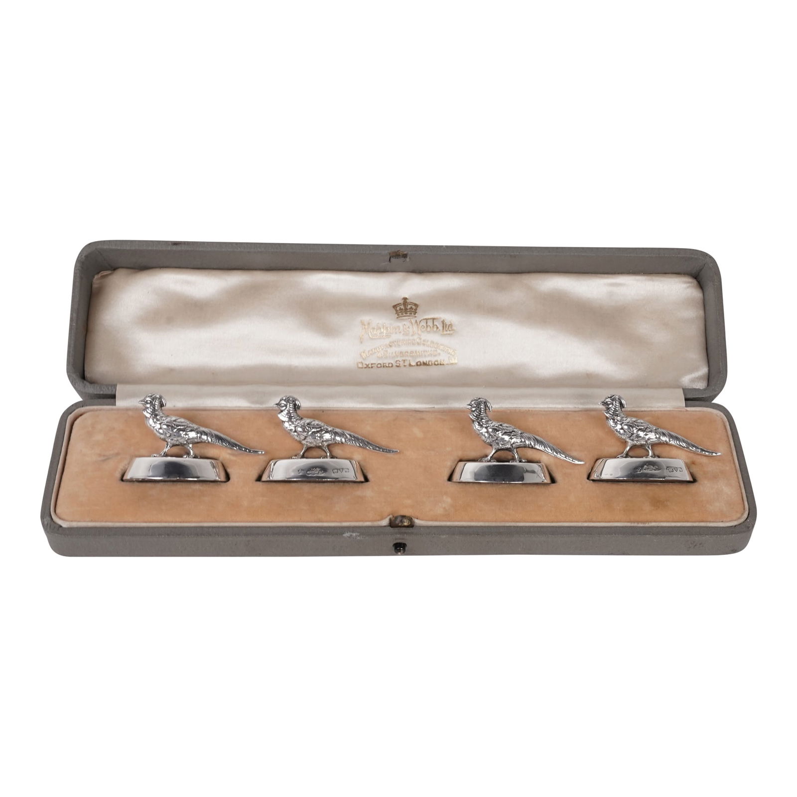 Sterling Silver Hallmarked 1906 Pheasant Set of Four (4) Place Holder with Original Box made by: Sterling Silver 1906 Pheasant Set of Four (4) Place Holder with Original Box made by Mappin & Webb and Sampson Mordan & Co. and Hallmarked in Chester, Oxford Street London 480L. Mordan registered his