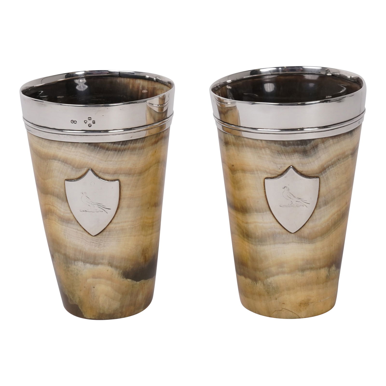 Sterling Silver Pair (2) 1872 George Adams Victorian Scrimshaw Engraved Hallmarked Pheasant Horn: Sterling Silver Pair (2) 1872 George Adams Victorian Scrimshaw Engraved Pheasant Horn Beakers. George William Adams was a renowned London Silversmith. In 1840, George Adams joined the business that wa