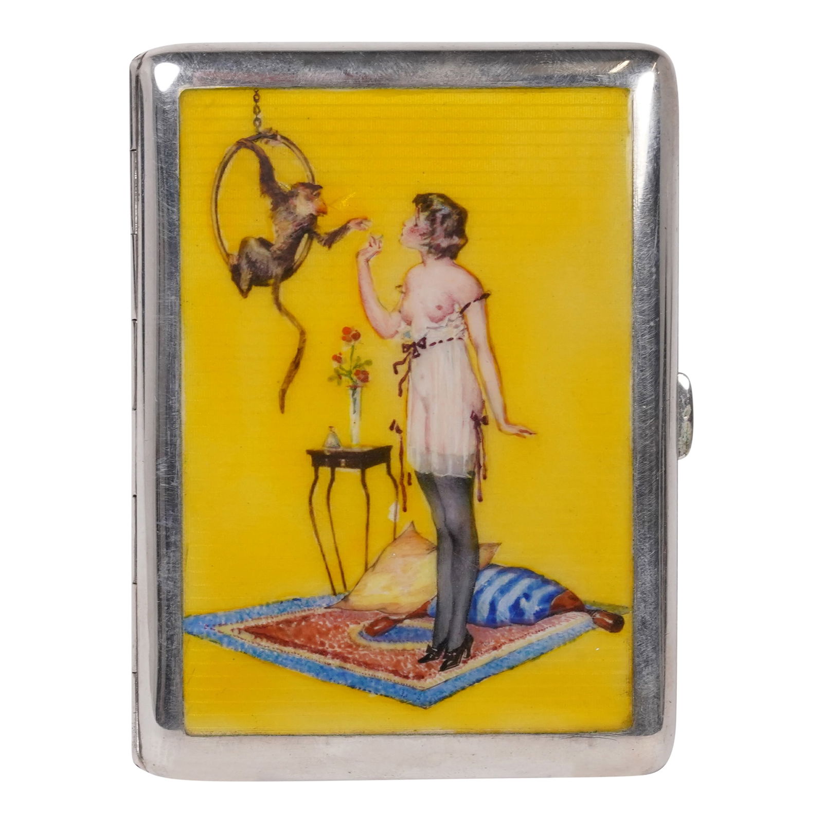 George Adam Scheid Art Deco Rare Yellow Enameled and Sterling Silver Hallmarked Cigarette Case: George Adam Scheid Art Deco Rare Yellow Enameled and Sterling Silver Cigarette Case. Hallmarked Vienna (GAS Vienna 800). George Adam Scheid was born in Schšnau Baden, WŸrttemberg on July 28 1837. He