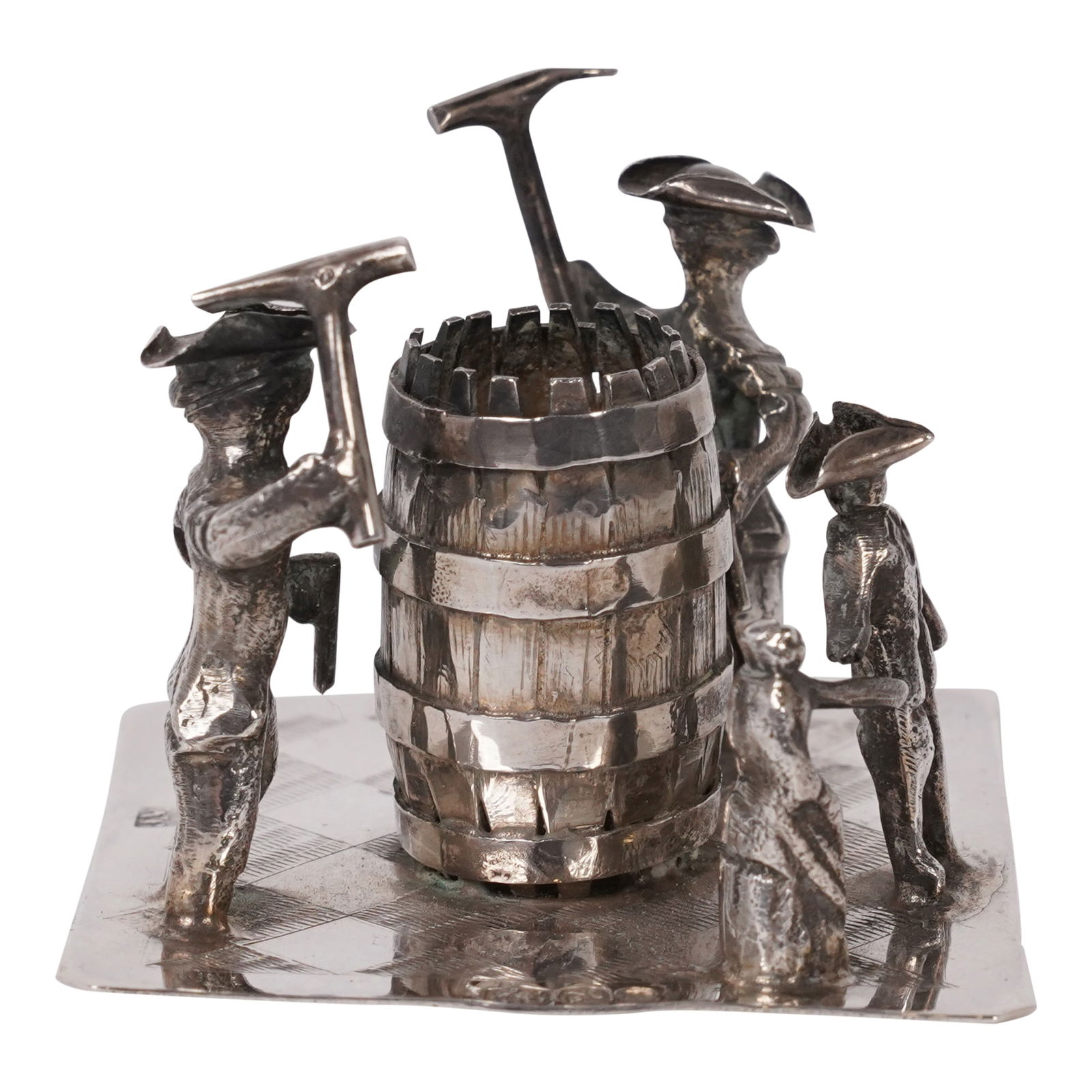 Dutch 833 Silver Hallmarked Miniature Coopers Making A Barrel, Alkmaar 1923: Dutch 833 Silver Hallmarked Miniature Scene of Coopers Making A Barrel, Alkmaar 1923. Square Dimensions: 2 in. x 2 in. x 3 in. H. Condition: No Repairs. Provenance: London, England Estate. House of Cr