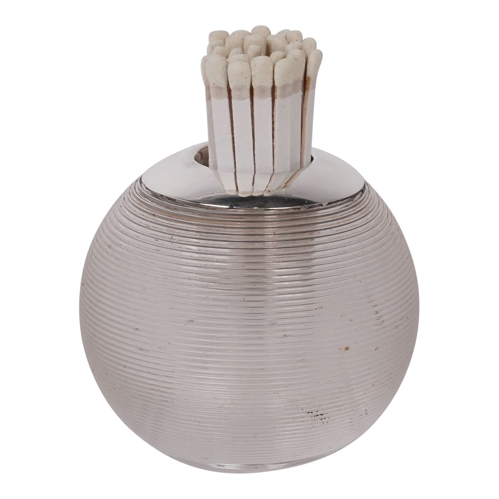 Sterling Silver and Ribbed Glass Match Striker Birmingham 1910 - 130 L: A Sterling Silver and Ribbed Glass Match Striker Birmingham 1910 - 130 L. This is a vintage-style decorative object designed to hold and strike matches. Material: Sterling Silver and Ribbed glass body