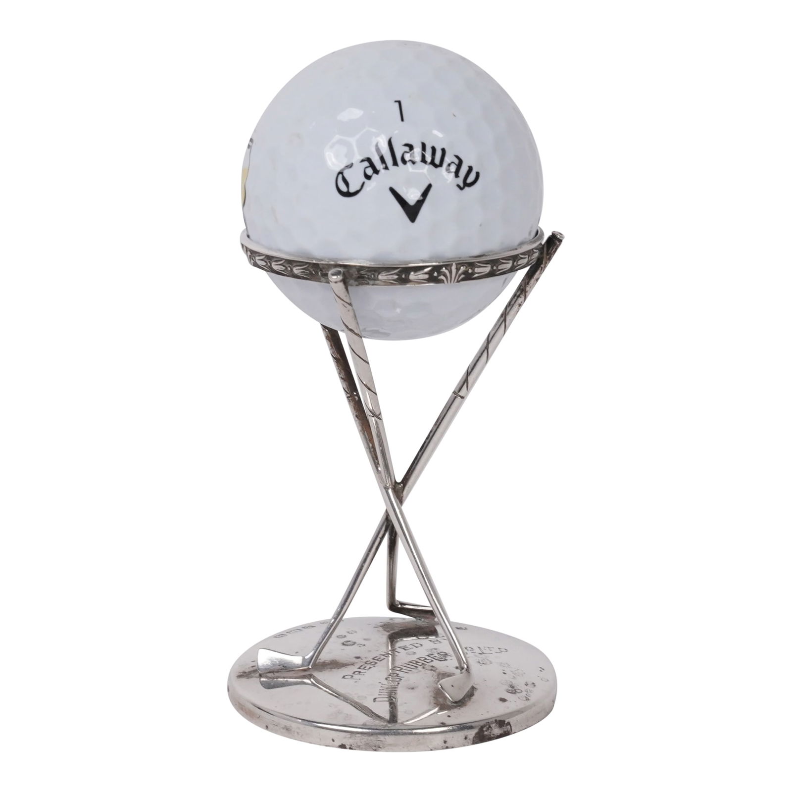 1929 Sterling Silver Dunlap Hole-In-One Crossed Clubs Trophy: Sterling Silver Dunlap Hole-In-One Trophy. This vintage Dunlop Hole-In-One advertising effort and prize combination includes crossed clubs and a pedestal worthy of the ball you used to score that hole