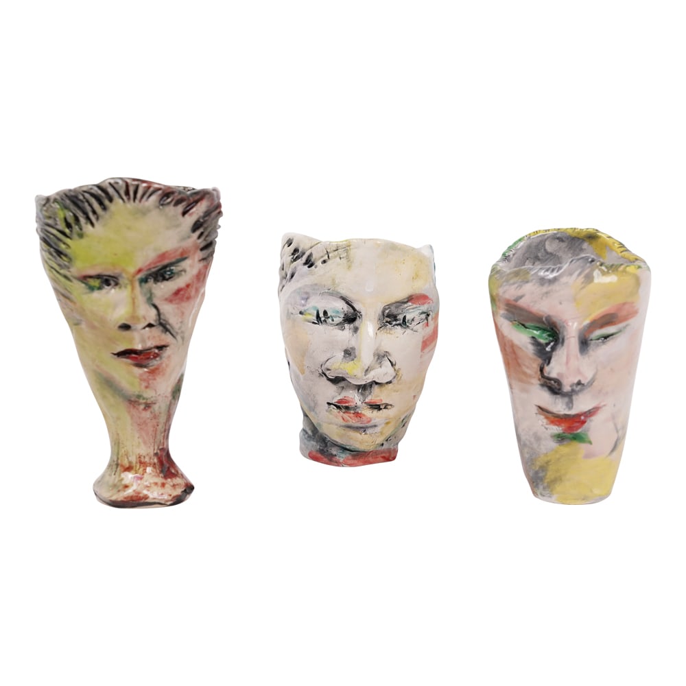 Peggy Alonas Collection of Three (3) California Art Pottery Face Vases: A stunning collection of three (3) small Folk Art Face Vases created by Montera, CA Artist Peggy Alonas. Provenance: Carmel, CA Estate. House of Craven Auction Gallery: Please consider downloading our
