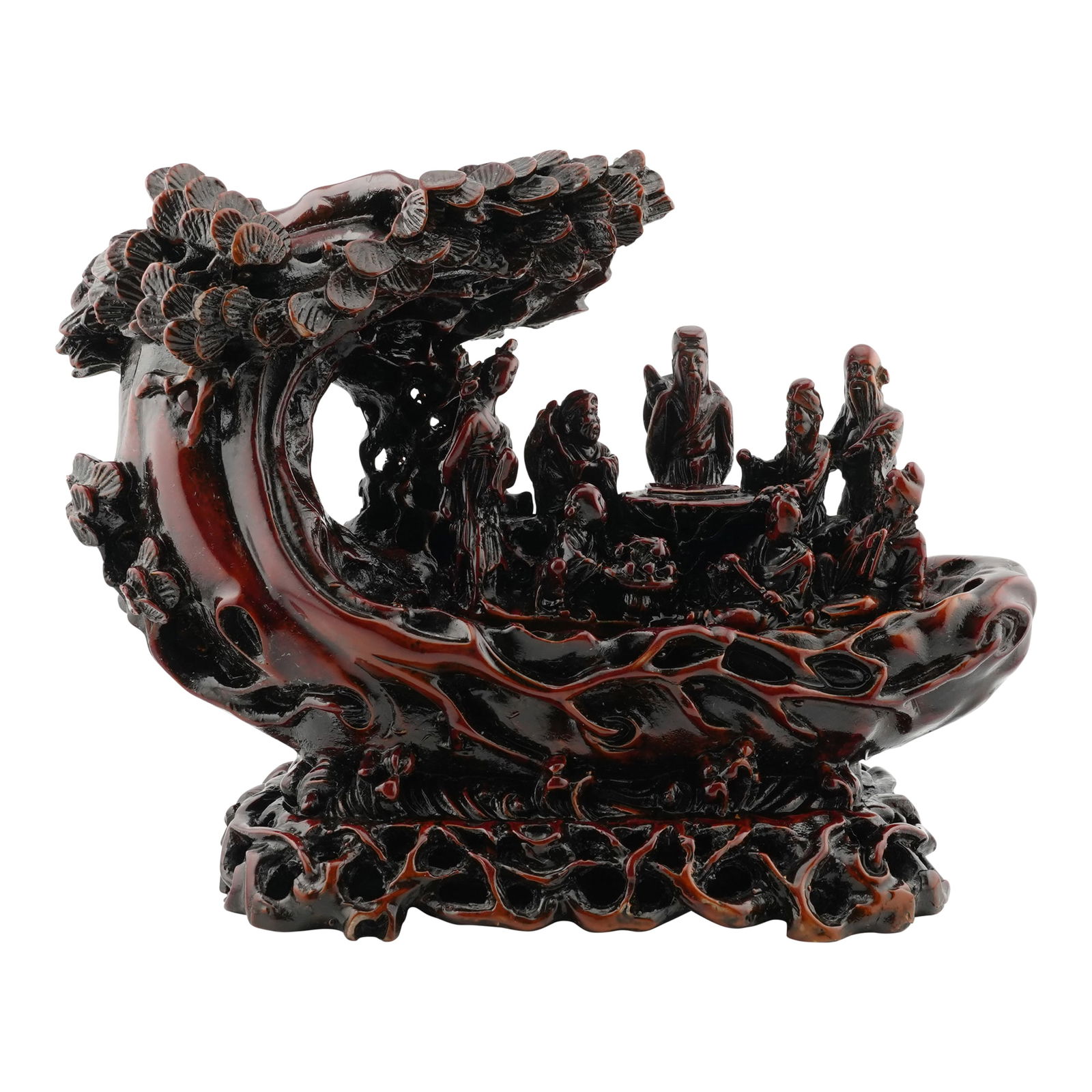 Chinese Figural Group Carved Lacquered Sculpture Depicting Sages Playing Weiqi (__) Under a Pint: Chinese Figural Group Carved Lacquered Sculpture Depicting Sages Playing Weiqi (__) Under a Pine Tree. Dimensions: 7 in. H x 9 in. W x 3 in. D. Provenance: Miami Beach, FL Estate. House of Craven Auct