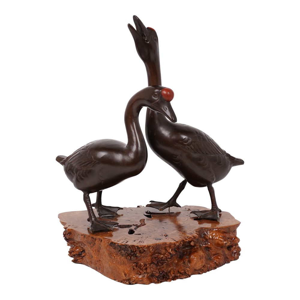 Pair (2) Pair of Vintage Metal Mandarin Garden Ducks Live Edge Burl Wood Stand: Pair (2) Pair of Vintage Chinese Painted Metal Mandarin Garden Ducks on Live Edge Burl Wood Stand. Provenance: Naples, FL Estate. House of Craven Auction Gallery: Please consider downloading our free