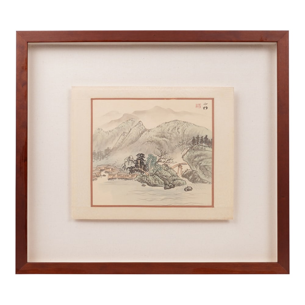Chinese Landscape Framed Ink and Watercolor on Silk: Chinese Landscape Framed Ink and Watercolor on Silk. The artwork depicts a mountainous river scene with a small, traditional building on the water's edge. The painting features a large mountain range