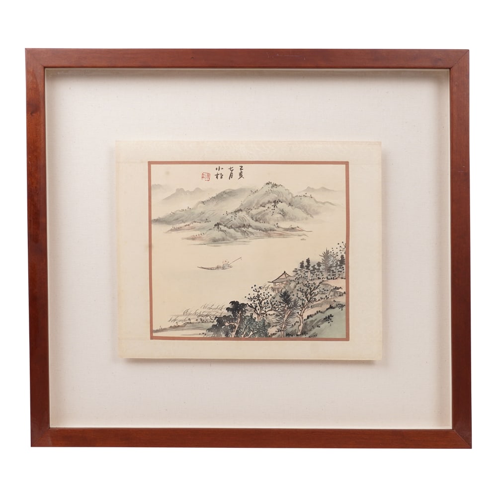 Chinese Landscape Framed Ink and Watercolor on Silk: Chinese Landscape Framed Ink and Watercolor on Silk. The artwork depicts a mountainous river scene with a small, traditional building on the water's edge. The painting features a large mountain range