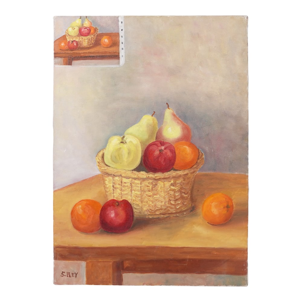 Rey Representational Still-Life Oil Painting on Canvas Unframed: S. Rey Still-Life Oil Painting on Canvas Unframed. The painting is a still life of a basket of fruit on a wooden table. The basket contains several apples and pears, while two oranges and one apple ar