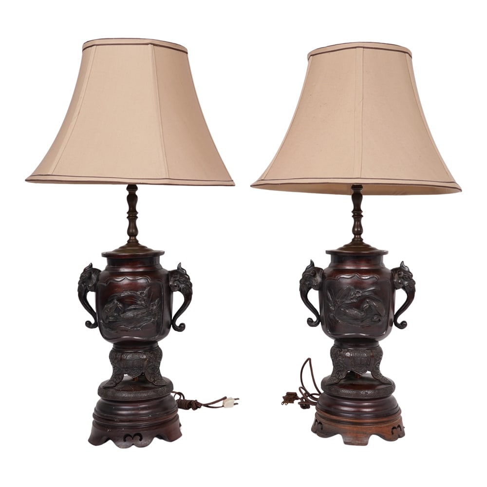 Pair (2) Chinese Bronze Incense Burners Repurposed Lamps (1 of 6)