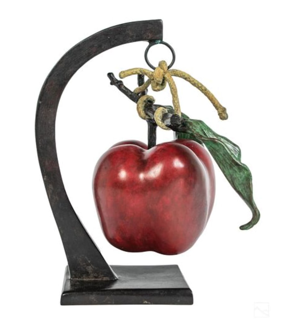 Clara Duque, Cast Bronze Hanging Apple, Edition #4 of 6 with COA: Clara Duque, Cast Bronze Hanging Apple #4 of 6 with COA and Original Purchase Receipt. Clara Duque is an internationally known artist that has participated from 1981 to 2011 in solo and group exhibiti