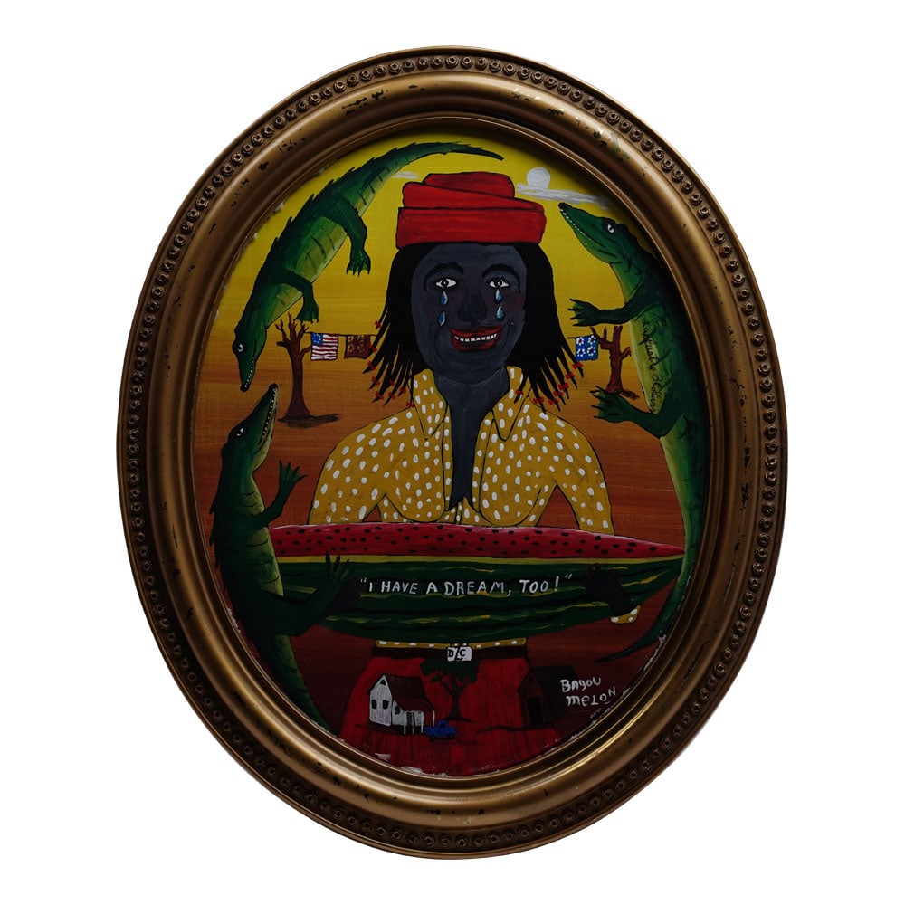 Bayou Melon I Have A Dream, Too! Florida Folk Art Re-purposed Antique Oval Frame: Bayou Melon I Have A Dream, Too! Florida Folk Art Re-purposed Antique Oval Frame. Provenance: Miami, FL Estate. House of Craven Auction Gallery: Please consider downloading our free mobile app availab