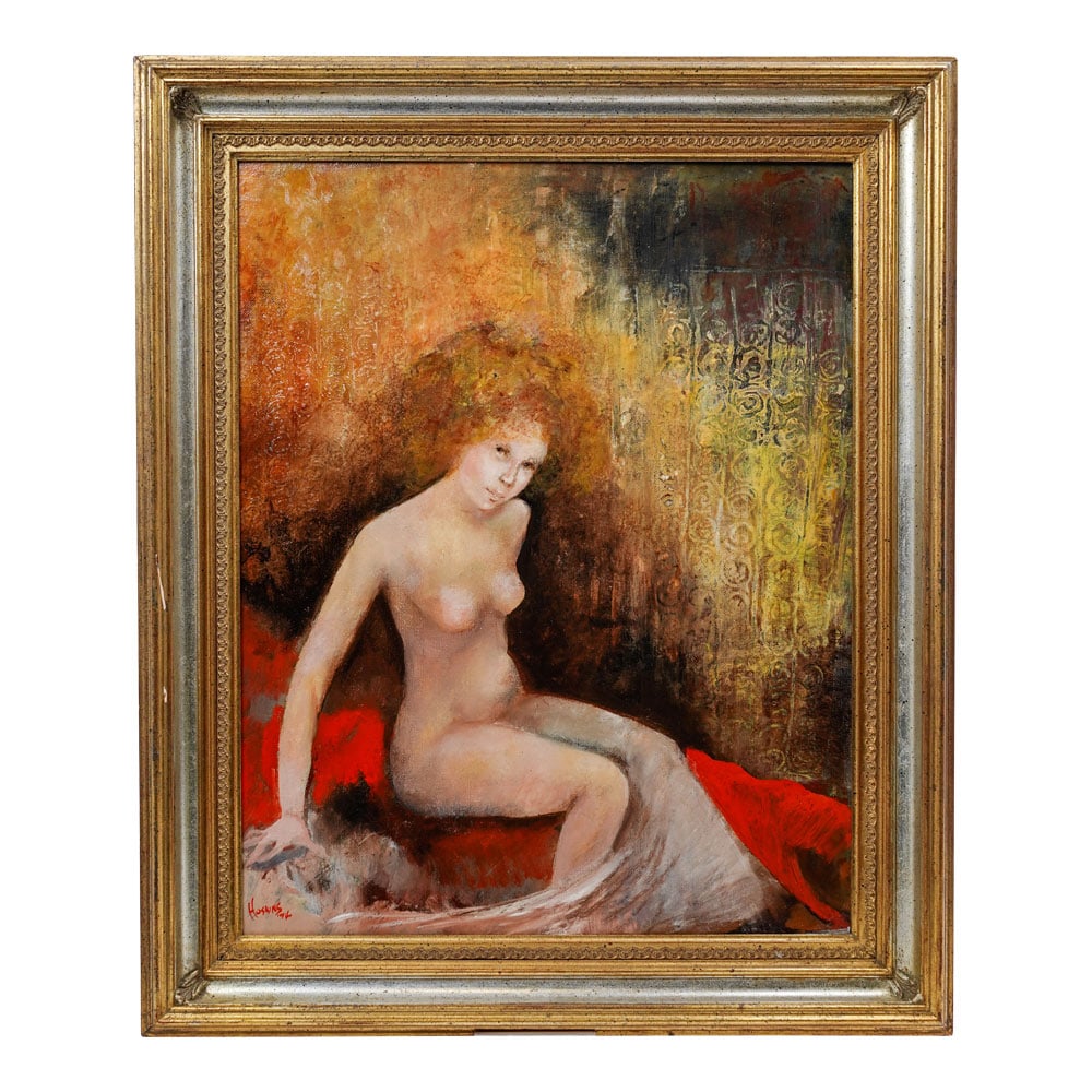 Adrienne Hoskins 1974 Nude on a Couch Oil on Canvas 26 in. x 20 1/2 in.: Adrienne Hoskins 1974 Nude on a Couch Oil on Canvas. Signed to lower left and verso. Dimensions: 31 in. H. x 17 in. W. x 13 in. Diameter Provenance: Coral Gables, FL Estate. House of Craven Auction Ga