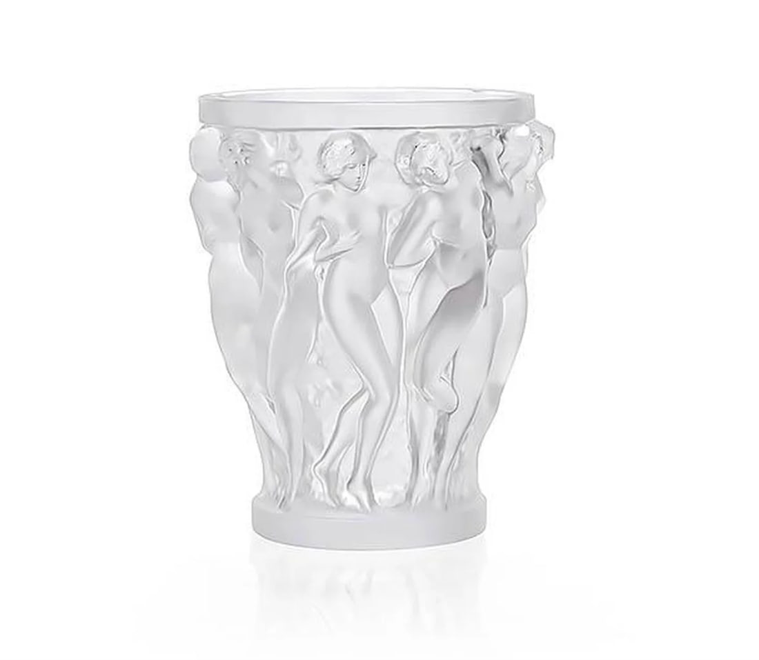 Lalique Nouveau Female Nudes Bacchantes Vintage Vase, Limited Edition. 5.75 in. H.: Authentic Lalique Nouveau Female Nudes Bacchantes Single Vintage Vase, Limited Edition. 5 in. H. The iconic Bacchantes motif adorns this striking vase, creating an eye-catching display on its own or p