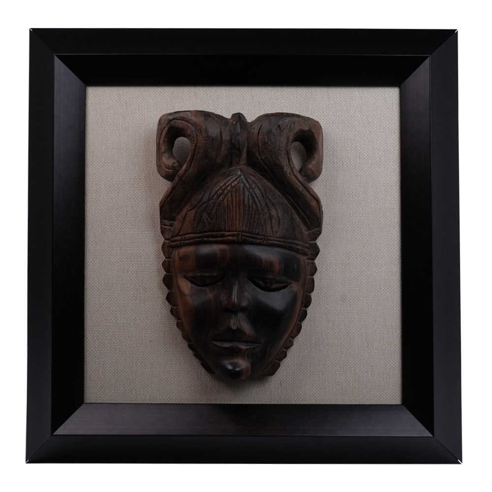 Vintage Large Carved Ivory Coast Tribal Art African Ceremonial Mask, Mounted in a Box Frame on Linen (1 of 4)