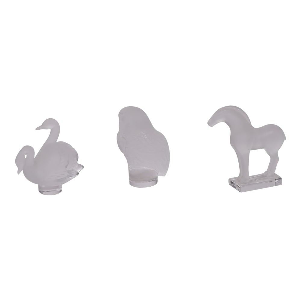 Collection of Three (3) Lalique Crystal Animal Paperweights Trojan Horse, Pair (2) of Swans, and Owl (1 of 3)