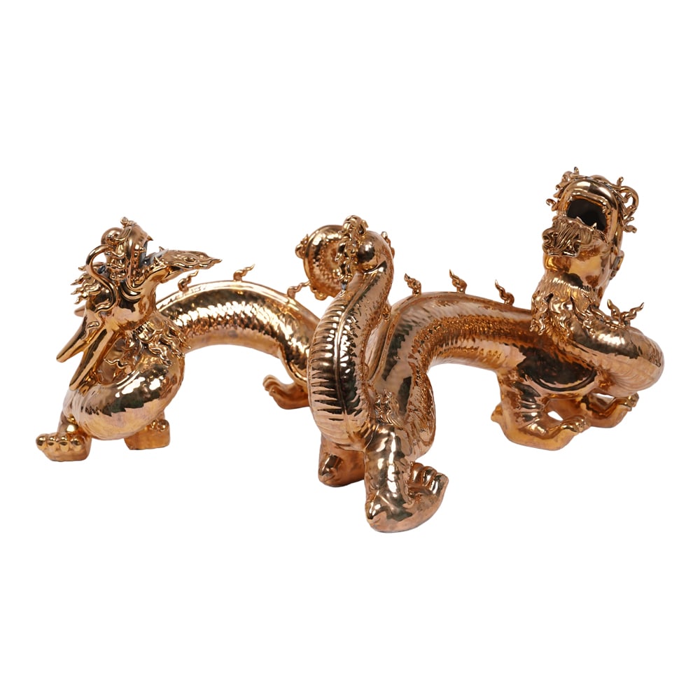 Pair (2) Monumental Gilt Old Metal Chinese Dragons: Pair (2) Monumental Gilt Old Painted Metal Chinese Dragons. Provenance: Naples, FL Estate. House of Craven Auction Gallery: Please consider downloading our free mobile app available on iOS and Android