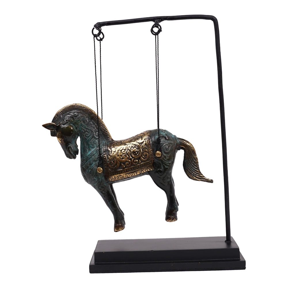 Grace in Motion Bronze Horse Sculpture on Custom Mount: Grace in Motion Bronze Horse Sculpture on Custom Mount. Handcrafted, having a verdigris patina with golden or brass accents, the sculpture is referred to as a Tang Chinese Horse due to its resemblance
