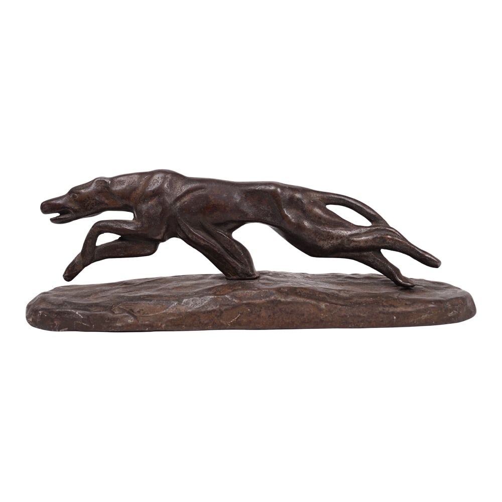 1930 Bronze Greyhound Sculpture by Lake City Malleable Co. Custom: Created in the style of 19th Century by French sculptor Pierre-Jules Mne, this 1930 Bronze Greyhound Sculpture by Lake City Malleable Co. Custom depicts a greyhound in a playful pose, with one paw rai