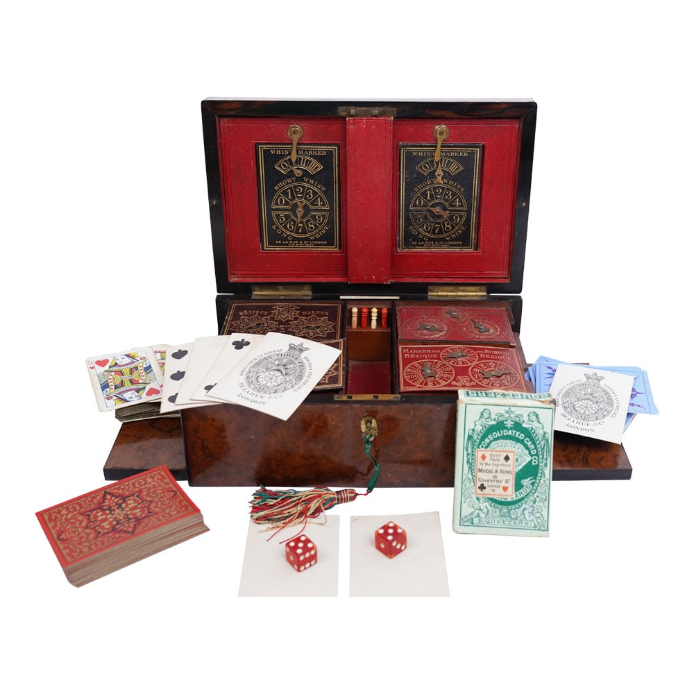 Bezique 19th Century French Melding and Trick-Taking Game in Original Box and Original Playing Card: One of the finest examples of the Bezique 19th Century French Melding and Trick-Taking Game in the Original Inlaid Burl Wood Box and with Original Playing Card Decks, Dice and Key. Allan Maker 37 Stra