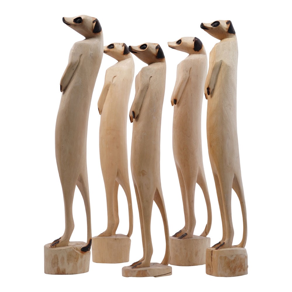 Hand-Carved Meerkat Family (5) Sculptures Jacaranda Wood: Hand Carved in Switzerland Meerkat Family (5) Sculptures Jacaranda Wood. Dimensions: Medium 18 in. and Large 20 in. Provenance: Miami Beach, FL Estate. House of Craven Auction Gallery: Please consider