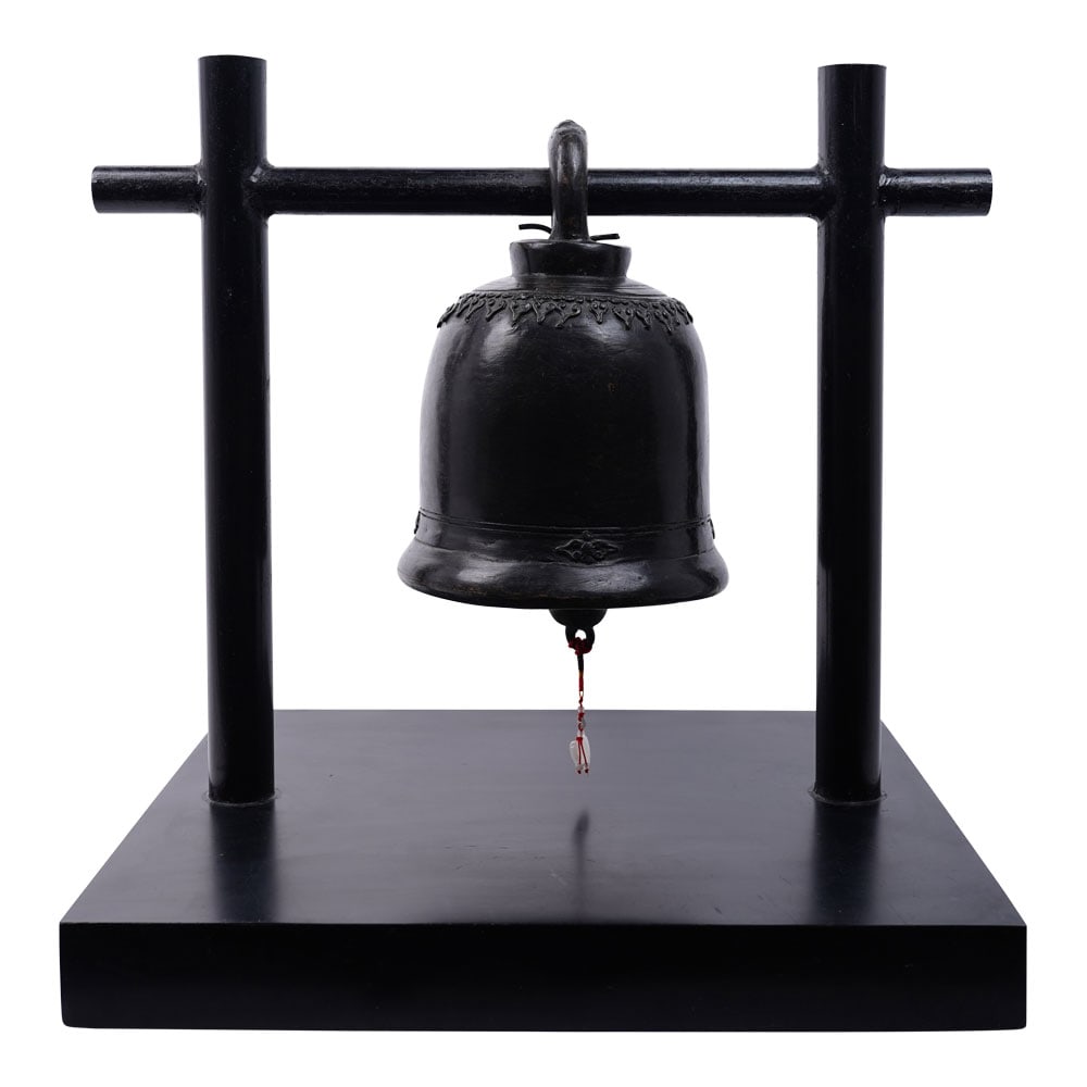 Large Antique Burmese Temple Bell Mounted on Stand: Large Antique Burmese Temple Bell Mounted on Stand. Dimensions: Base 21 1/2 in. x 19 in. Height is 24 in. The Bell is Approximately 13 1/2 in. x 9 in. Provenance: Miami Beach, FL Estate. House of Crav