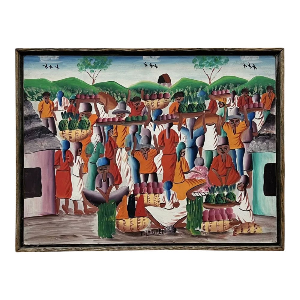 Vintage Haitian Framed Oil on Board Town Market Scene Signed Gallery Label On Verso (1 of 3)