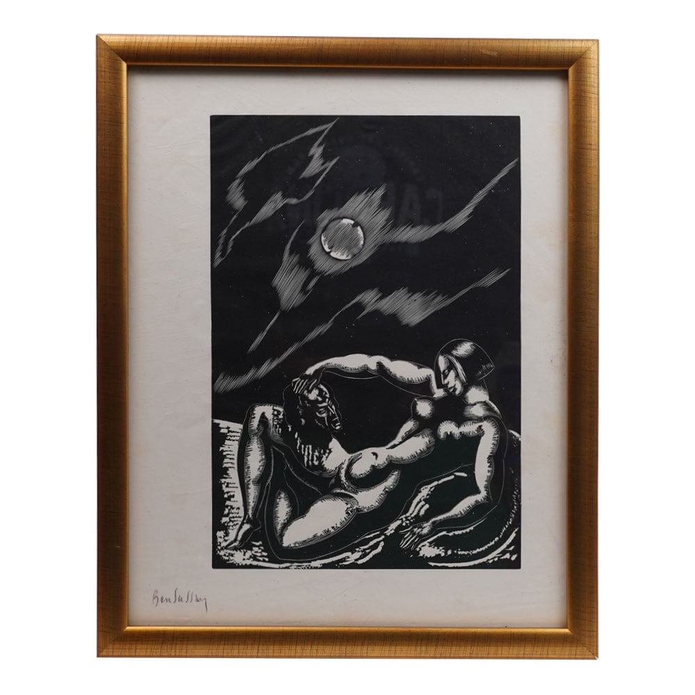 Rene Ben Sussan Deco Figure Woodcut on Paper (Signed LL): Rene Ben Sussan Woodcut on Paper (Signed LL). Rene Ben Sussan was an illustrator, active from the 1920s to the 1960s. His most widely seen works are his illustrations for the various Limited Editions
