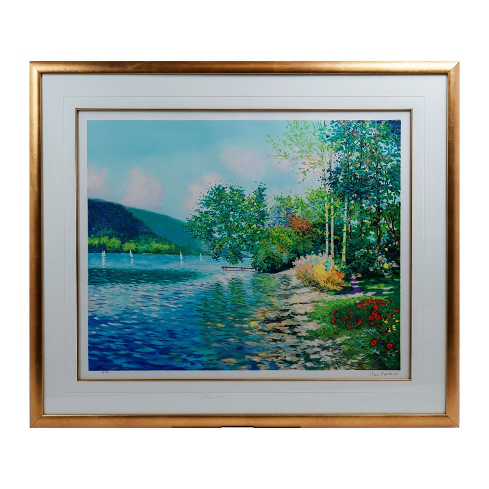 Sailboat on a Lake by Claude Cambour 66/350 Lithograph. Framed: 34 _ x 39 _ in.: Sailboat on a Lake by Claude Cambour 66/350 Lithograph. Lithograph Print number 66 of an Edition of 350. In pencil signed indistinctly: Claude Cambour (French 1940-2012); Numbered Lower Left: Gold Woo