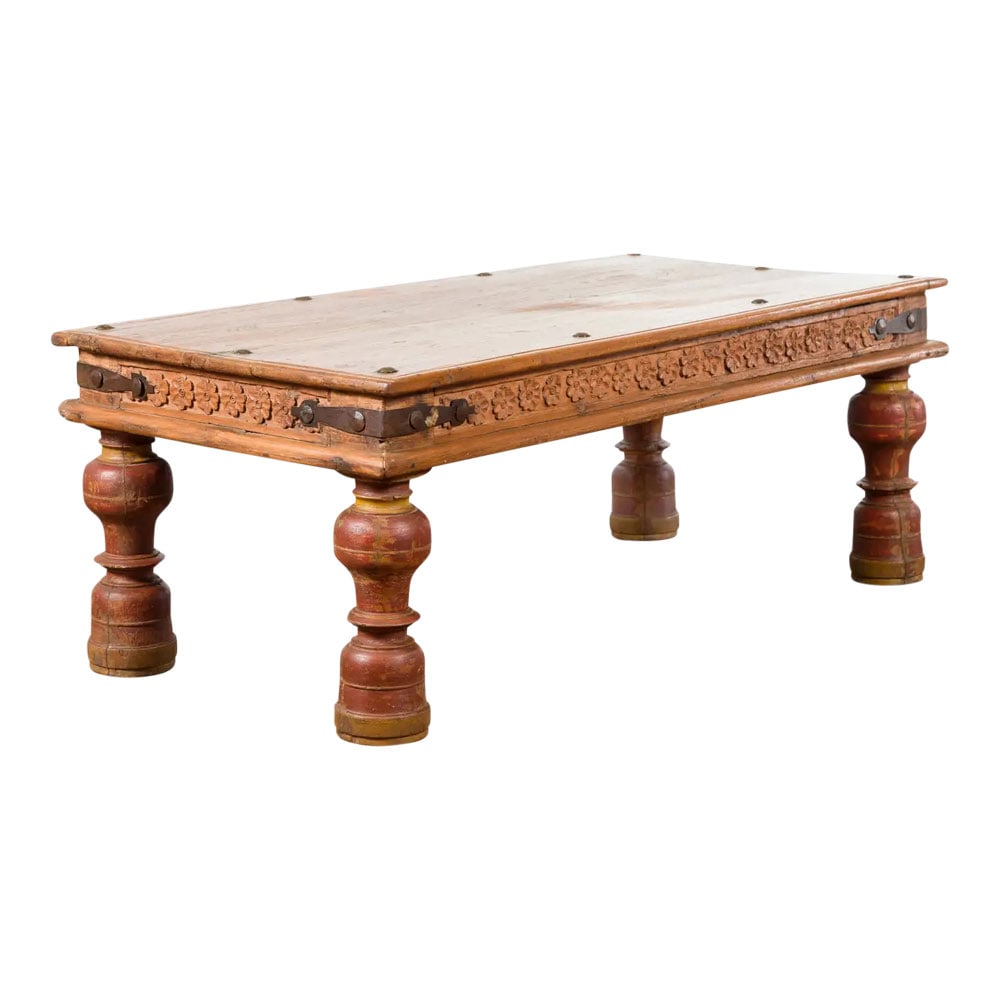 Antique Indian Sheesam Carved Floral Frieze Wood and Iron Coffee Table with Baluster Legs (1 of 6)