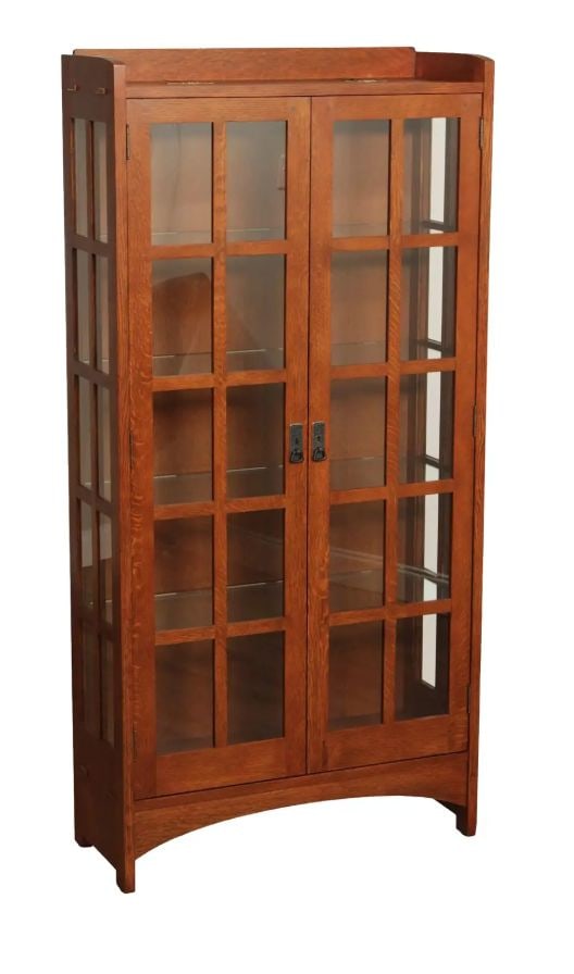 Gustove Stickley Mission Oak 2-Door Cabinet Bookcase: Gustove Stickley Mission Oak 2-Door Cabinet Bookcase. Details: Adjustable Shelves; High Quality Construction; Lighted Interior; and Solid Brass Hardware. Gustav Stickley was an American furniture manu