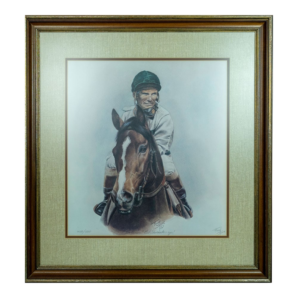Exceller - Bill Shoemaker, Up! Fred Stone Limited Edition Signed Famous Horse Print (Number 408): Exceller - Bill Shoemaker, Up! Fred Stone Limited Edition Signed Famous Horse Print (Number 408 - 500). Framed Dimensions: 28.5 in. H. x 26.25 in W.. Provenance: Wellington, FL Estate. House of Craven
