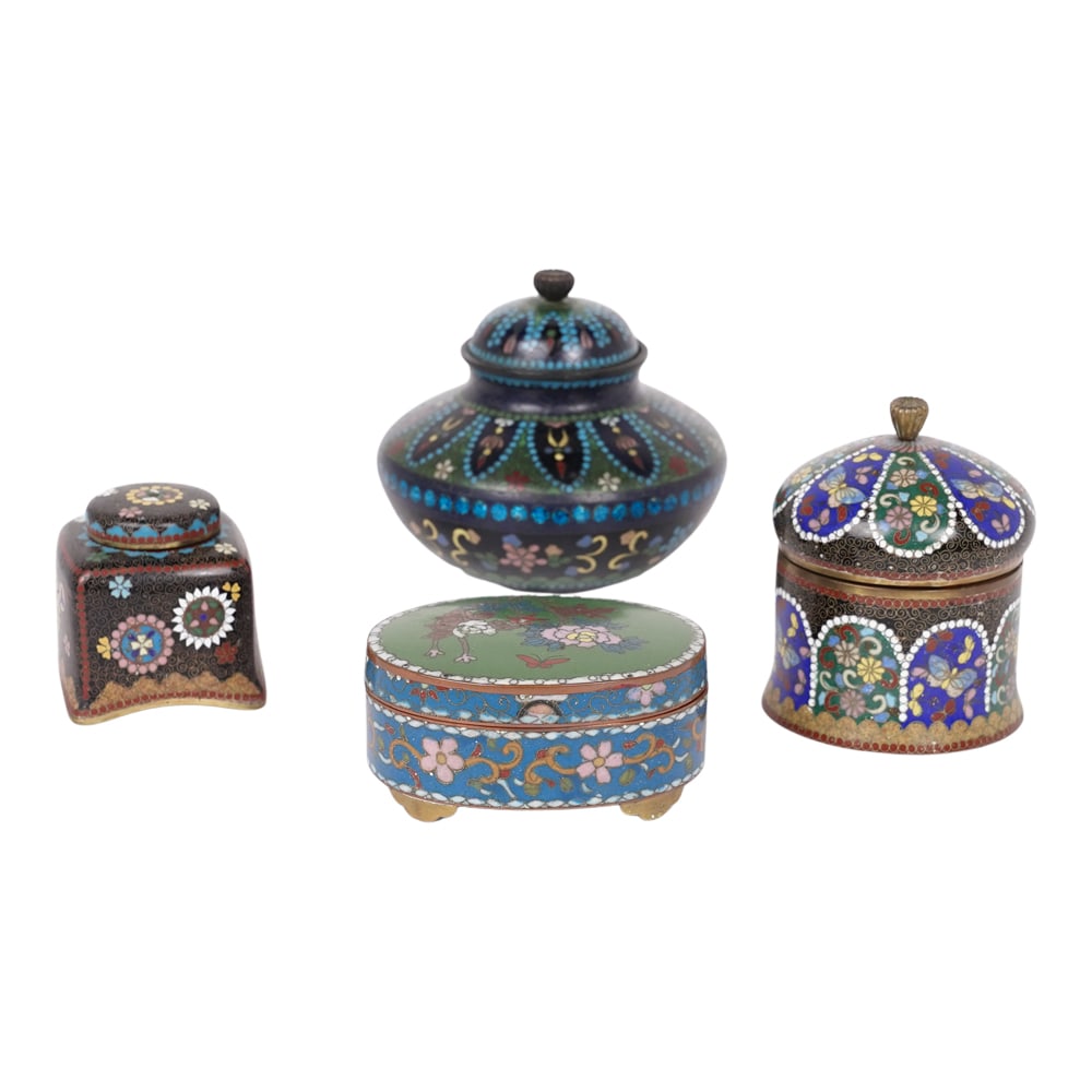 Collection of Four (4) Cloisonné Bowls and Inkwells: Collection of Four (4) Cloisonné Bowls. Japanese cloisonné covered bowls, censer, or trinket boxes from Meiji Period. Cloisonné involves creating compartments on a metal base with delicate wire par