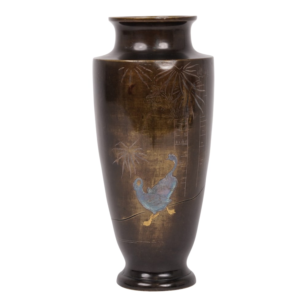 Japanese Bronze Chokin Vase Etched Hand-Painted Blue Bird: Japanese Bronze Chokin Vase Etched Hand-Painted Bird, possibly a Peacock and Bamboo and Cherry Blossom Design. Provenance: Naples, FL Estate. House of Craven Auction Gallery: Please consider downloadi