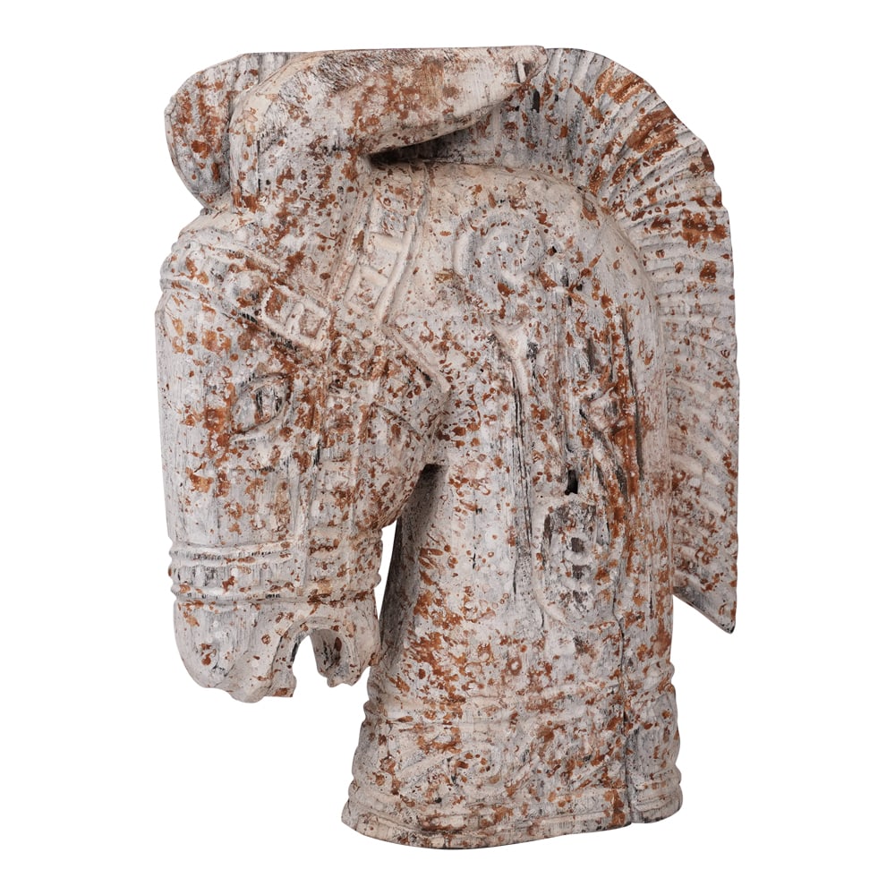 Carved Sculpture of a Horse’s Head and Neck: Carved Sculpture of a Horse’s Head and Neck. The artistic piece is stylized and features a textured, mottled finish with rust-colored spots. Provenance: Wellington, FL Estate. House of Craven Auctio